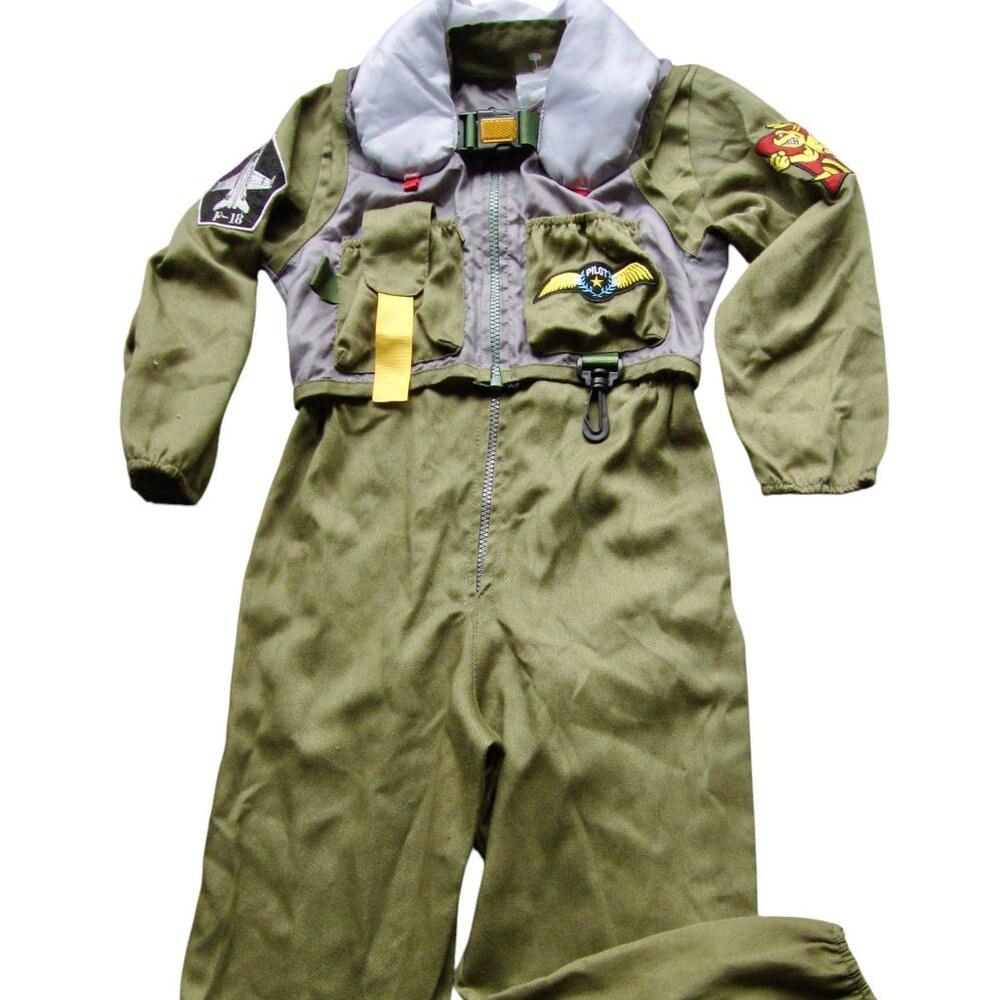 Vintage 90s Top Gun Flight Suit Pilot Military Green Childs Size Small Costume